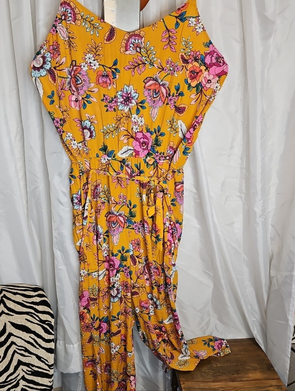 a.n.a Mustard Yellow Floral Spaghetti-Strap Jumpsuit Xl